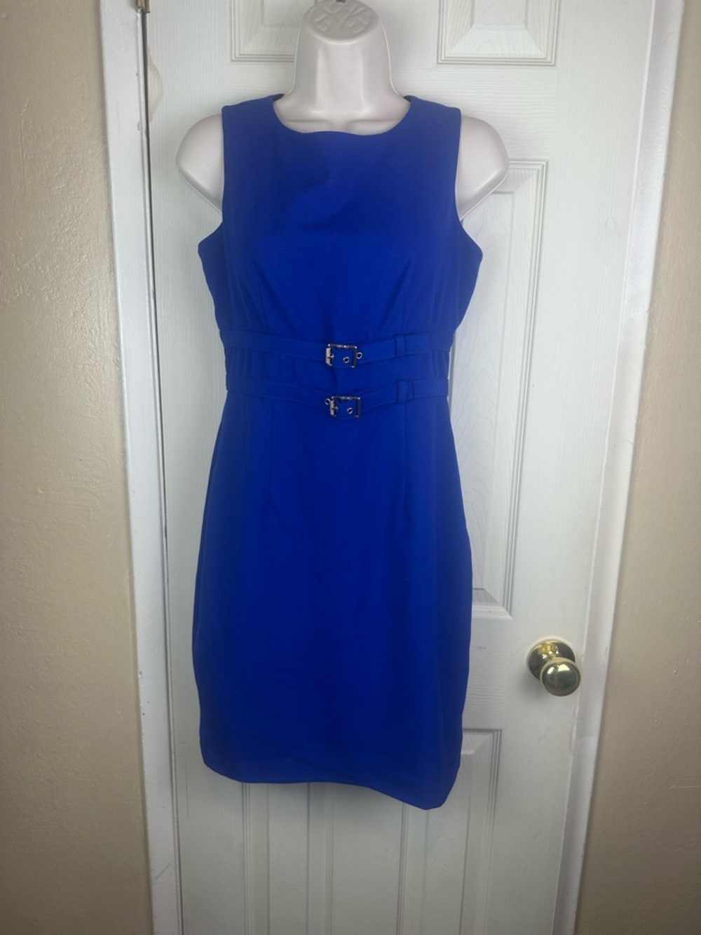 Calvin Klein Sleek Royal Blue Sheath Dress with Waist Buckle Detail - Picture 2 of 5